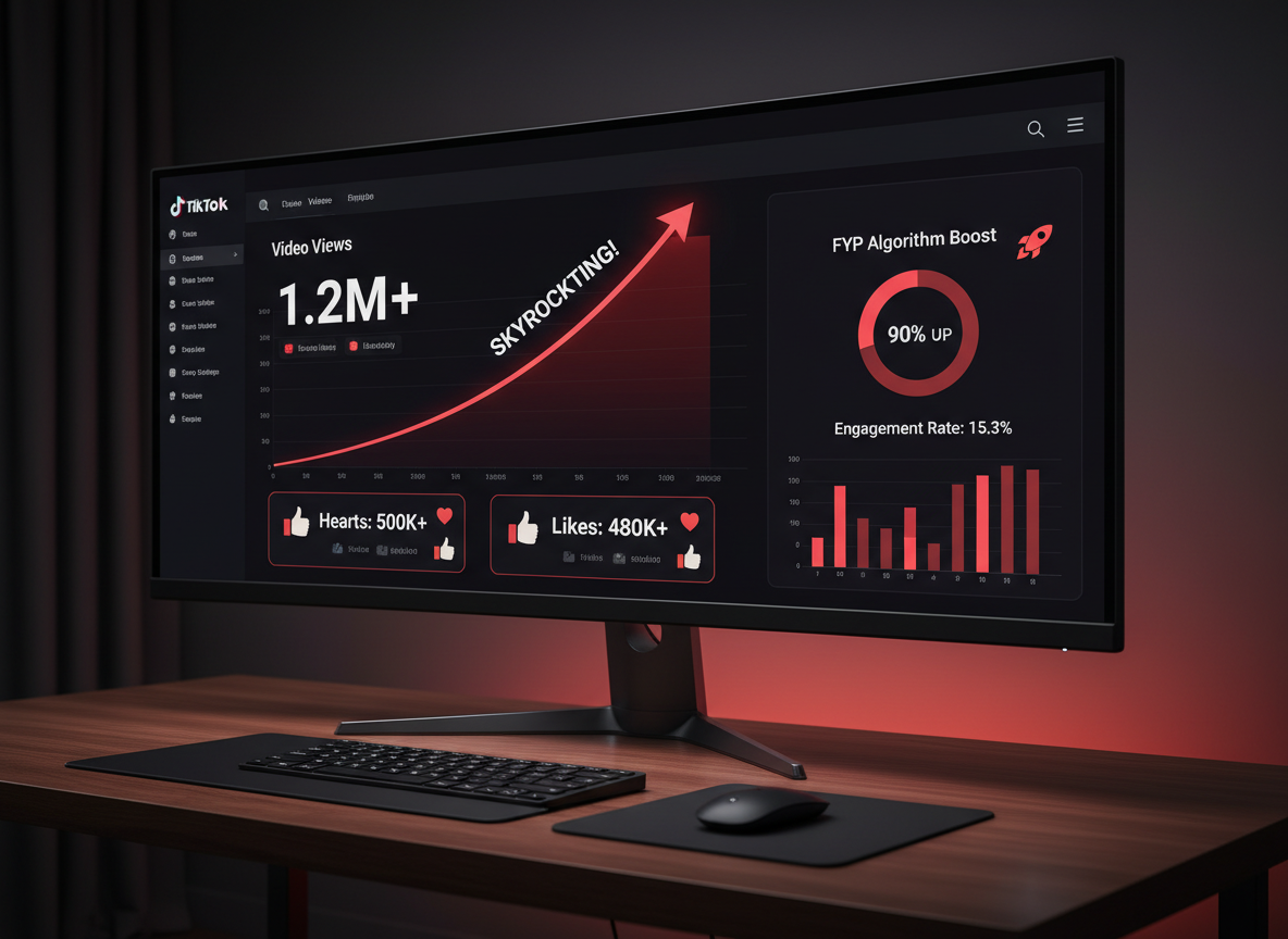 Dashboard de analytics mostrando crescimento de views no TikTok