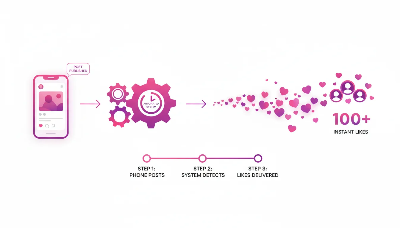 Infográfico do processo automático de entrega de curtidas no Instagram passo a passo